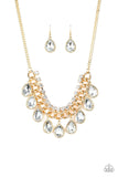 Paparazzi All Toget-HEIR Now - Gold - White Teardrop Rhinestones - Bold Chain Necklace and matching Earrings - Glitzygals5dollarbling Paparazzi Boutique 