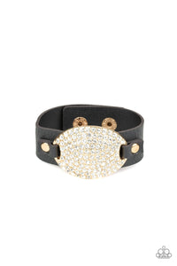 Paparazzi Better Recognize - Gold - White Rhinestones - Black Leather - Bracelet - Glitzygals5dollarbling Paparazzi Boutique 