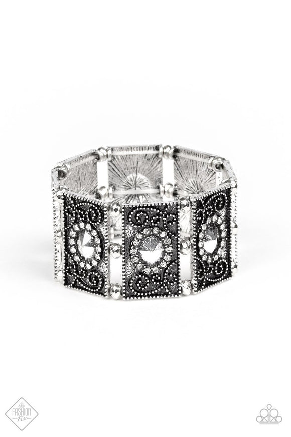 Paparazzi Tycoon Texture - Silver - White Rhinestones - Stretchy Band Bracelet - Fashion Fix Exclusive October 2019 - Glitzygals5dollarbling Paparazzi Boutique 