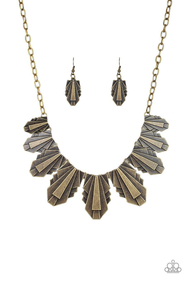 Paparazzi Cougar Cave - Brass - Necklace and matching Earrings - Glitzygals5dollarbling Paparazzi Boutique 