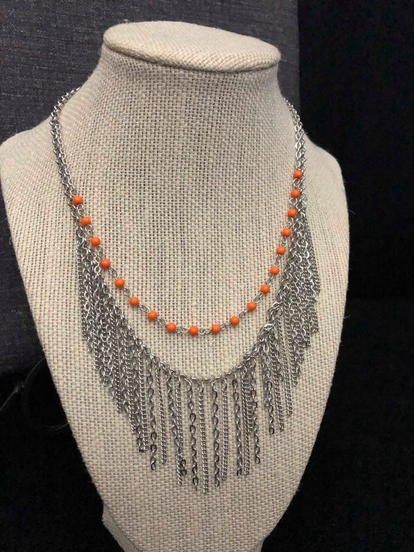 Paparazzi Fierce In Fringe - Orange / Coral - Silver Necklace and matching Earrings - Exclusive - Glitzygals5dollarbling Paparazzi Boutique 
