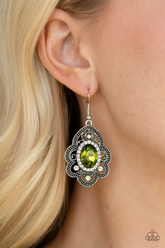 Paparazzi Reign Supreme - Green Rhinestones - Antiqued Silver Petals - Earrings - Glitzygals5dollarbling Paparazzi Boutique 