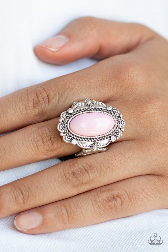 Paparazzi Malibu Majestic - Pink Oval Bead - Ornately Scalloped Silver - Ring - Glitzygals5dollarbling Paparazzi Boutique 