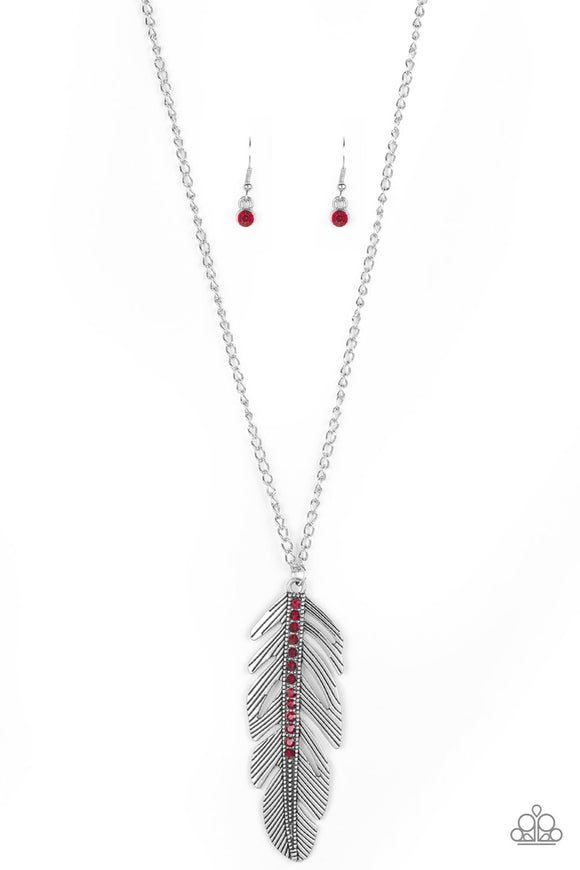 Sky Quest Red Feather Necklace - Glitzygals5dollarbling Paparazzi Boutique 