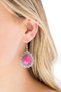 Paparazzi Mesa Mustang - Pink Stone - Teardrop Scalloped Silver Earrings - Glitzygals5dollarbling Paparazzi Boutique 