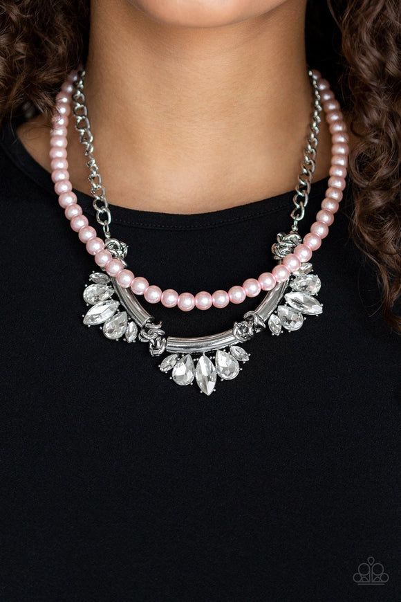 Paparazzi Bow Before The Queen - Pink Pearls Rhinestone Necklace - Life of the Party Exclusive July 2019 - Glitzygals5dollarbling Paparazzi Boutique 