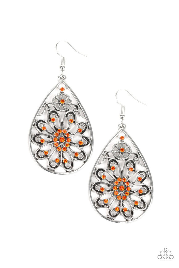 Paparazzi Flowering Finery - Orange Rhinestones - Teardrop Earrings - Glitzygals5dollarbling Paparazzi Boutique 