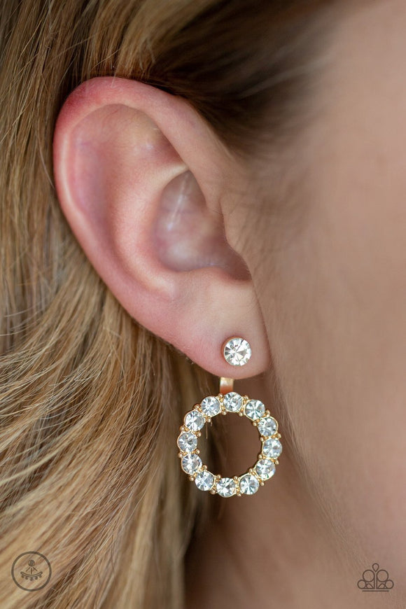 Paparazzi Diamond Halo - Gold - White Rhinestones - Double Sided - Hoop Earrings - Glitzygals5dollarbling Paparazzi Boutique 