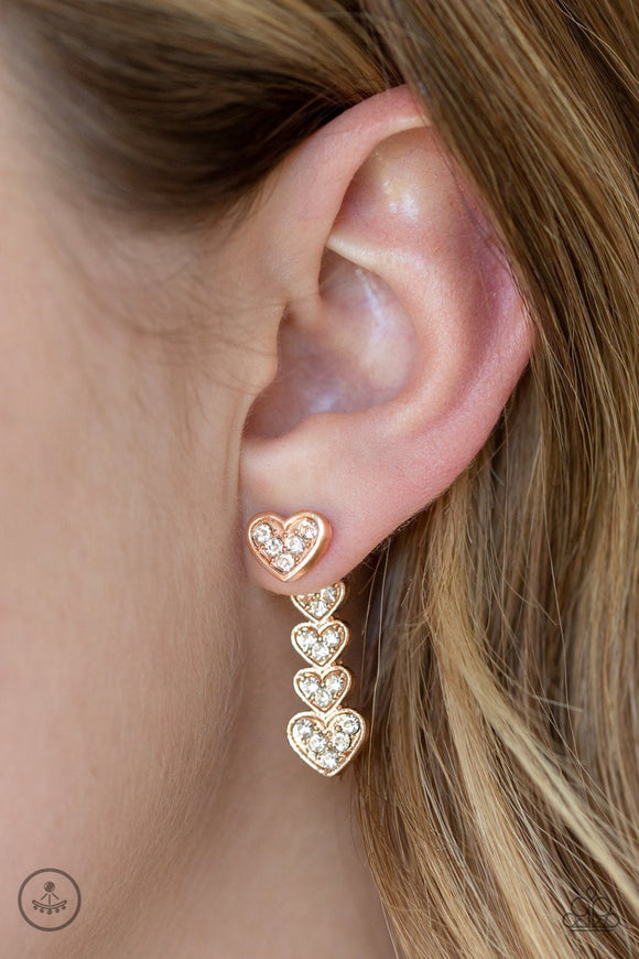 Paparazzi Heartthrob Twinkle - Rose Gold - White Rhinestones - Double Sided Heart Earrings - Glitzygals5dollarbling Paparazzi Boutique 