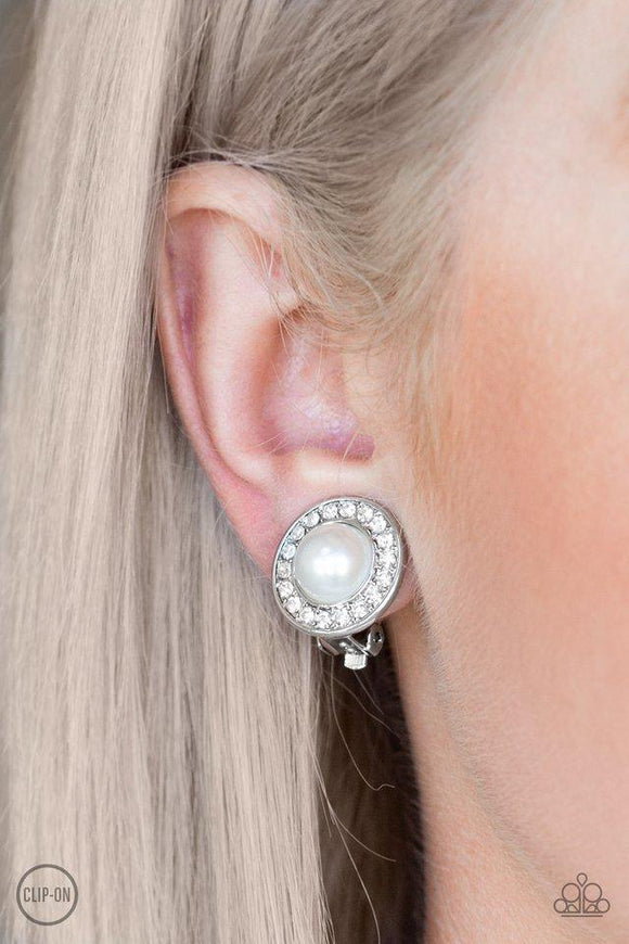 Paparazzi Earring ~ Definitely Dapper - White CLIP ON - Glitzygals5dollarbling Paparazzi Boutique 