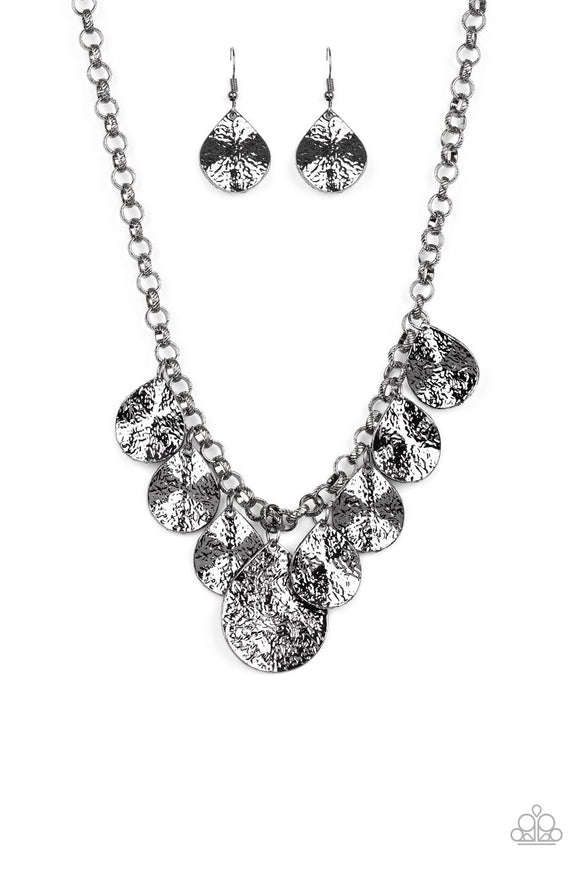 Paparazzi  Texture Storm - Black - Gunmetal Teardrops - Hammered Shimmer - Necklace and matching Earrings - Glitzygals5dollarbling Paparazzi Boutique 