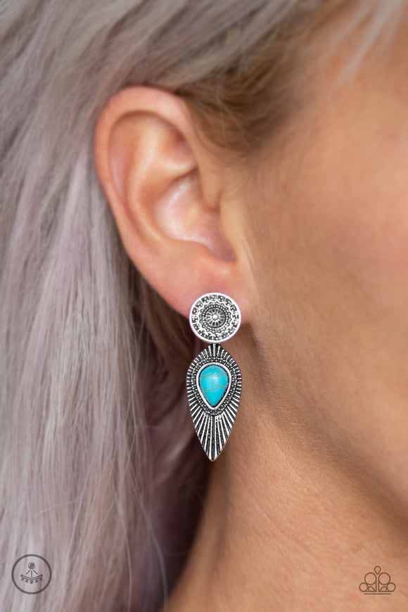 Fly Into The Sun – Paparazzi – Silver Feather Turquoise Stone Double-Sided Post Earrings - Glitzygals5dollarbling Paparazzi Boutique 