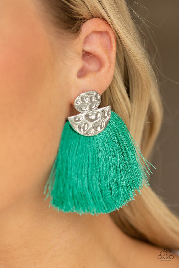 Paparazzi Make Some PLUME - Green Thread / Fringe / Tassel - Hammered Silver - Post Earrings - Glitzygals5dollarbling Paparazzi Boutique 