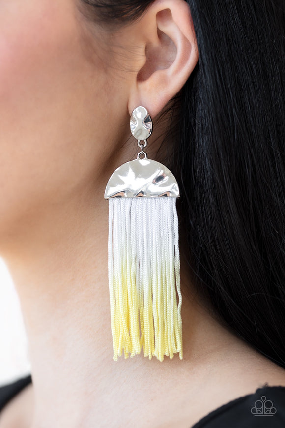 Rope Them In – Paparazzi – Yellow Ombre Tassel Silver Crescent Post Earrings - Glitzygals5dollarbling Paparazzi Boutique 