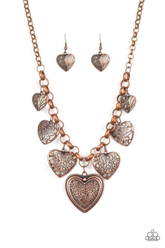 Paparazzi Love Lockets - Copper - Filigree Hearts - Necklace and matching Earrings - Glitzygals5dollarbling Paparazzi Boutique 