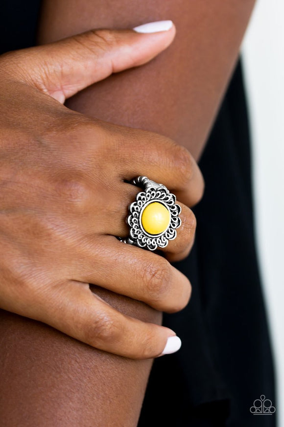 Paparazzi Garden Stroll - Yellow Bead - Silver Floral Frame Swirling Detail - Ring - Glitzygals5dollarbling Paparazzi Boutique 
