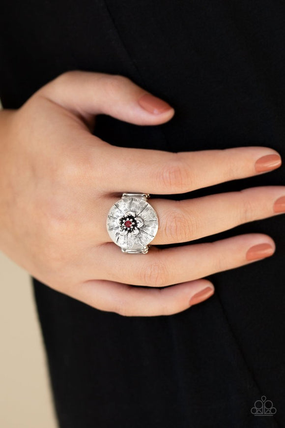 Paparazzi Blooming Beach Party - Red Rhinestone - Silver Flower Ring - Glitzygals5dollarbling Paparazzi Boutique 