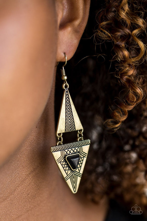 Paparazzi El Paso Edge - Brass - Black Stone - Triangular Frames Earrings - Glitzygals5dollarbling Paparazzi Boutique 