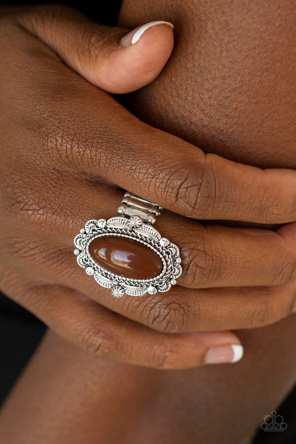 Paparazzi Malibu Majestic - Brown Oval Bead - Ornately Scalloped Silver - Ring - Glitzygals5dollarbling Paparazzi Boutique 