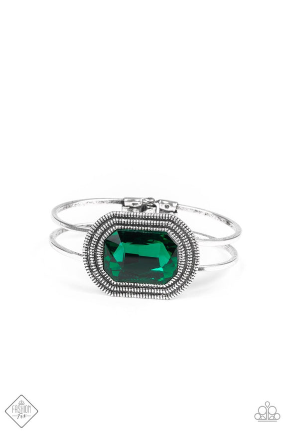 Paparazzi Heirloom Highness - Green Gem - Hinged Bracelet - Fashion Fix Exclusive December 2019 - Glitzygals5dollarbling Paparazzi Boutique 