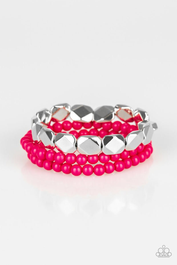Paparazzi Fiesta Flavor - Pink - Silver Faceted Beads - Set of 3 Brace ...