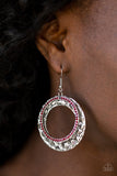 Paparazzi Cinematic Shimmer - Red Rhinestones - Silver Hoop Embossed Earrings - Glitzygals5dollarbling Paparazzi Boutique 