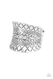 Paparazzi Villa Vibe - Silver - Stamped and Studded Tribal Inspired Pattern - Stretchy Band Ring - Glitzygals5dollarbling Paparazzi Boutique 