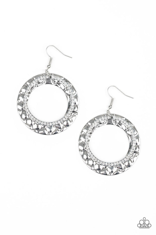 Paparazzi Cinematic Shimmer - White Rhinestones - Silver Thick Hoop - Earrings - Life of the Party Exclusive September 2019 - Glitzygals5dollarbling Paparazzi Boutique 