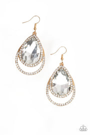 Paparazzi Famous - Gold - White Teardrop Gem & Rhinestones - Earring - Glitzygals5dollarbling Paparazzi Boutique 