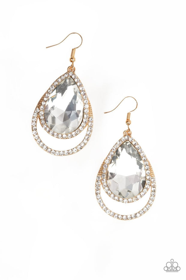 Paparazzi Famous - Gold - White Teardrop Gem & Rhinestones - Earring - Glitzygals5dollarbling Paparazzi Boutique 
