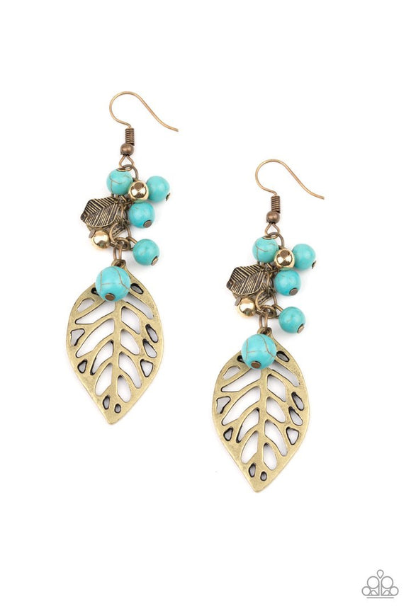 Paparazzi Forest Frontier Brass Blue Turquoise Leaf Earring - Glitzygals5dollarbling Paparazzi Boutique 