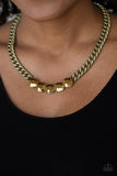 Paparazzi Rhinestone Renegade - Brass - Aurum Rhinestones - Bold Statement Necklace and matching Earrings - Glitzygals5dollarbling Paparazzi Boutique 