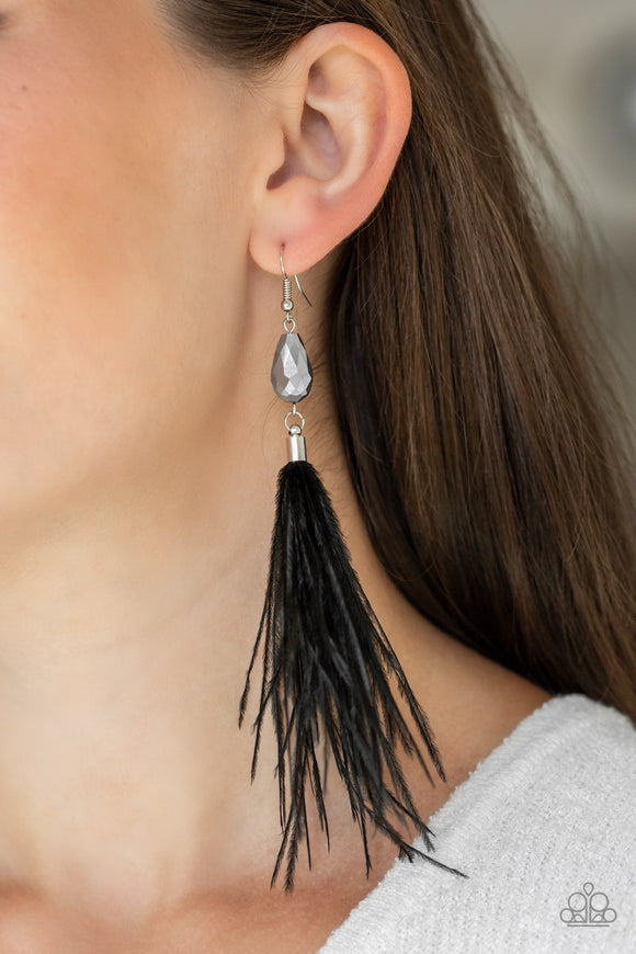 Paparazzi Showgirl Showcase Black Ostrich Feather Earrings - Glitzygals5dollarbling Paparazzi Boutique 