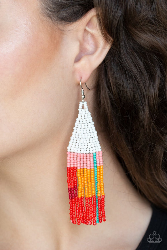 Paparazzi Beaded Boho - White - Pink, Blue, Orange and Red Seed Beads - Earrings - Glitzygals5dollarbling Paparazzi Boutique 